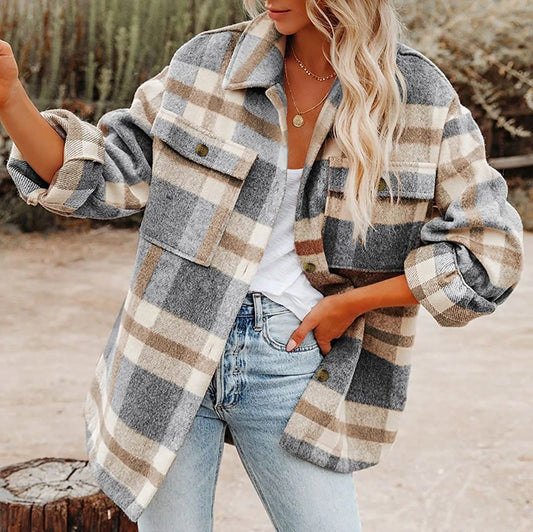 2025 Women’s Plaid Shacket – Lapel Button Down Flannel Jacket - Temo