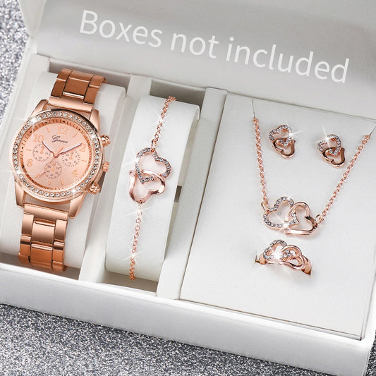 6PCS/Set Women's Watch Fashion Rhinestone Stainless Steel Band Quartz Watch Double Heart Jewelry Set(Without Box) - Temo