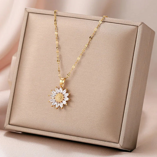 Gold Plated Sunflower Necklace for Women Jewelry Titanium Steel Zircon Big Pendant Necklace Luxury Choker Korea Style Wholesale - Temo