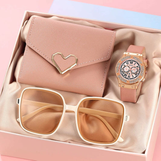 3PCS Set Women Casual Leather Watches Quartz Wristwatches & Ladies Heart Bow Wallet Glasses Sunglasses Clock Montre Femme - Temo